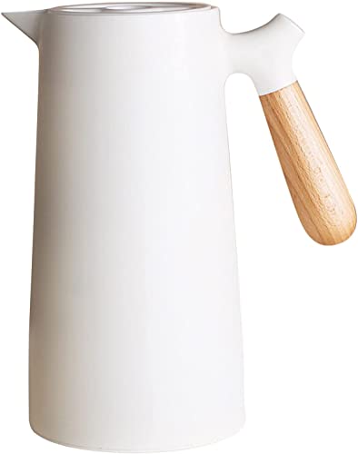 Webao Thermoskanne 1l Kaffeekanne mit Holzgriff, Glaseinsatz, Quick Tip Verschluss, Isolierkanne für Kaffee Tee und Wasser, Weiß von Webao