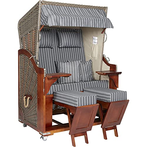 Webavita Strandkorb Mallorca Pinienholz | 2-Sitzer | Montiert mit Schutzhülle | Geflecht Grau, Bezug: Anthrazit Gestreift | Halblieger | Beach Chair für den Garten Terrasse Balkon von Webavita