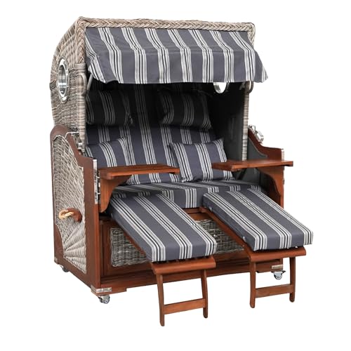 Webavita Strandkorb Bali Mahagoniholz | 2,5-Sitzer | Montiert | Geflecht Grau | Bezug Grau Gestreift| Halblieger | Beach Chair für den Garten Terrasse Balkon von Webavita