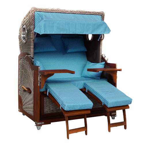 Webavita Strandkorb Bali Mahagoniholz | 2,5-Sitzer | Montiert | Geflecht Grau | Bezug Grün Nadelstreifen | Halblieger | Beach Chair für den Garten Terrasse Balkon von Webavita