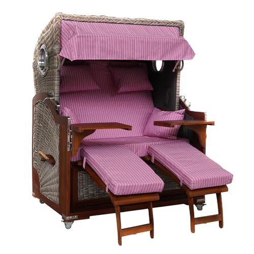 Webavita Strandkorb Bali Mahagoniholz | 2,5-Sitzer | Montiert | Geflecht Grau | Bezug Rosa Nadelstreifen | Halblieger | Beach Chair für den Garten Terrasse Balkon von Webavita
