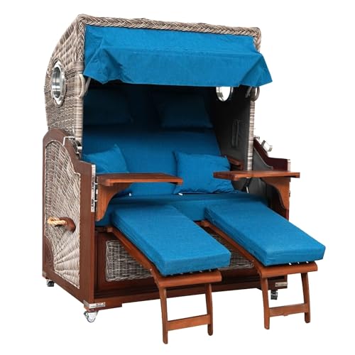 Webavita Strandkorb Bali Mahagoniholz | 2,5-Sitzer | Montiert | Geflecht Grau | Bezug Stahlblau | Halblieger | Beach Chair für den Garten Terrasse Balkon von Webavita