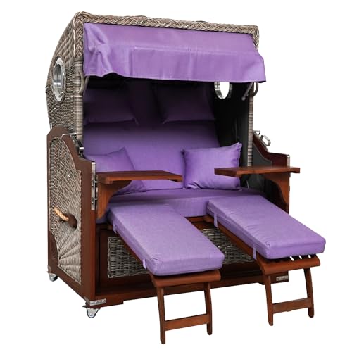 Webavita Strandkorb Bali Mahagoniholz | 2,5-Sitzer | Montiert | Geflecht Grau | Bezug Violett | Halblieger | Beach Chair für den Garten Terrasse Balkon von Webavita