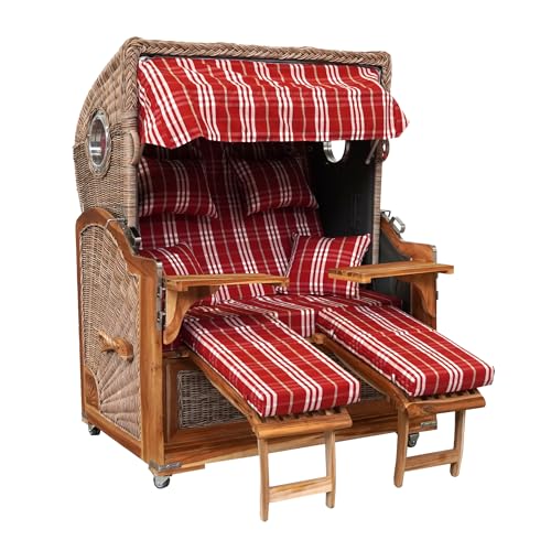 Webavita Strandkorb Bali Teakholz | 2,5-Sitzer | Montiert | Geflecht Grau | Bezug Rot Kariert | Halblieger | Beach Chair für den Garten Terrasse Balkon von Webavita
