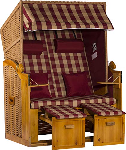 Webavita Strandkorb Ostsee | 2-Sitzer Volllieger Bausatz | Geflecht: Natur, Bezug: Rot kariert | Beach Chair für Garten Terrasse Balkon von Webavita