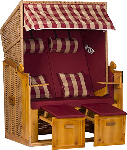 Webavita Strandkorb Ostsee | 2-Sitzer Volllieger Bausatz | Geflecht: Natur, Bezug: Uni Rot kariert | Beach Chair für Garten Terrasse Balkon von Webavita