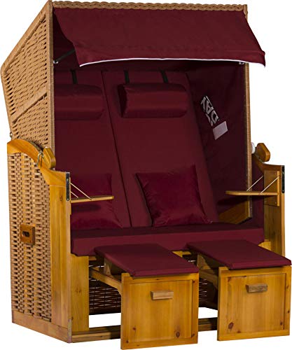 Webavita Strandkorb Ostsee | 2-Sitzer Volllieger Bausatz | Geflecht: Natur, Bezug: Uni Rot | Beach Chair für Garten Terrasse Balkon von Webavita