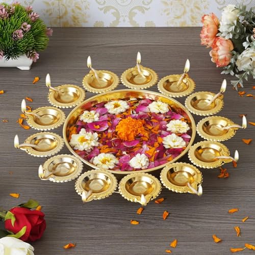 Webelkart Diya Runde Schüssel - Metall mit Gold-Finish - Handgefertigt - Orientalisch - Lotus Blossom Bowl - Urni Deko-Schüssel - Teelichtschüssel - 14 IN - 5E+2 ml - Dekorative Display, Geschenk von Webelkart