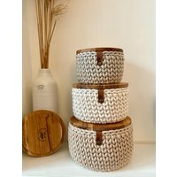 Häkelkorb Mit Eichen Holz Deckel, Rund Verschiedene Größen, Bobbiny, Utensilo von WebenundWolleRama