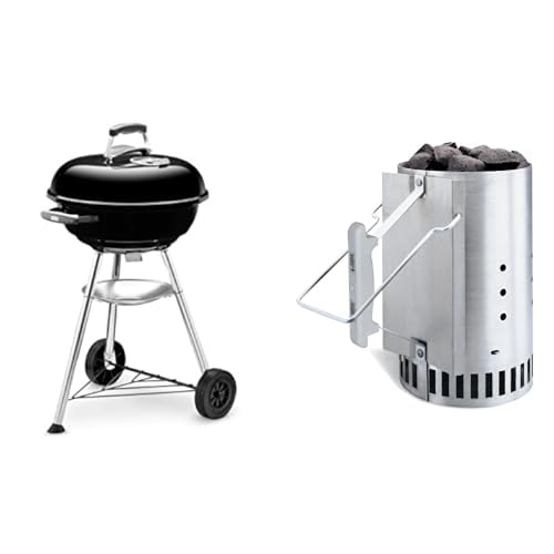 Weber 1221004 Holzkohlegrill Compact Kettle, Durchmesser 47 cm, Schwarz, Kugelgrill & 7416 Anzündkamin Rapidfire, Grillen mit Kohle, Anzünden von Weber