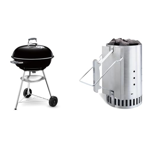 Weber 1321004 Holzkohlegrill Compact Kettle, Durchmesser 57 cm, Schwarz, Kugelgrill & 7416 Anzündkamin Rapidfire, Grillen mit Kohle, Anzünden von Weber