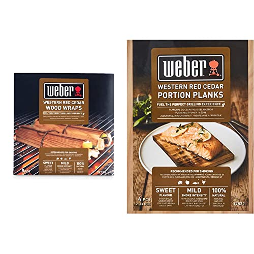 Weber 17521 Wood Wraps aus Zedernholz, 8 Stück, Räuchern, Raucharoma, süß und mild, Braun & 17832 Räucherbretter aus Zedernholz 11x15 cm, 4 Stück, Räuchern, Aroma, Grillen von Weber