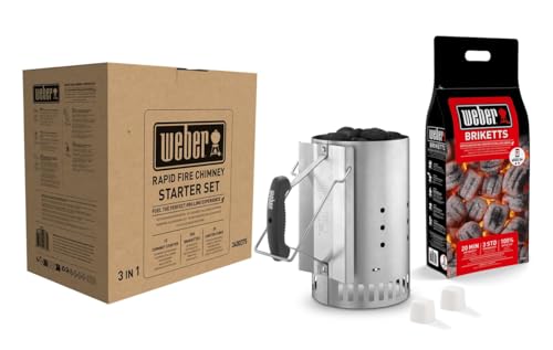 Weber Anzündset - Rapidfire Starter Set, besteht aus Amzündkamin - Groß (32cm), 2Kg Holzkohlebriketts & 2 Anzündwürfeln, ideales Starterpaket für alle Holzkohlegrills (3400375) von Weber