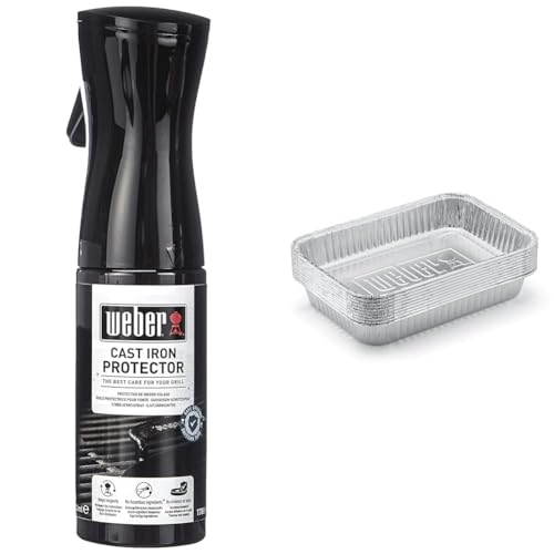 Weber 17889 Gusseisen Schutzspray, 200 ml, schütze Grillroste und Zubehör aus Gusseisen vor Rost und Korrosion, Schwarz & 6415 Small 7-1/2-Inch-by-5-inch Aluminum Drip Pans, Set of 10 von Weber