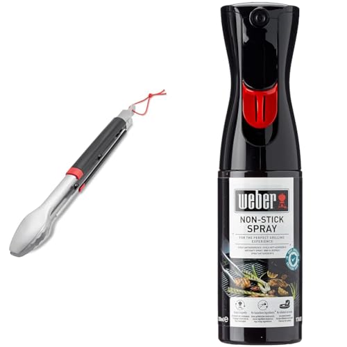 Weber 6317 Grillzange, Edelstahl, Schwarz/Silber & 17685 Antihaft Spray, Grillrost-Pflege, Non-Stick Spray, 200 ml, Schwarz, 25.0 x 6.0 x 9.0 cm von Weber