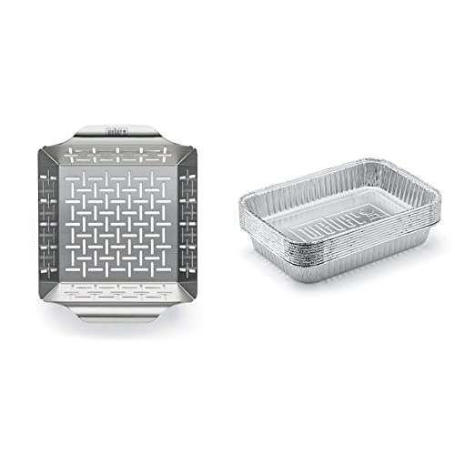 Weber 6481 Deluxe Gemüsekorb 19x24 cm, Grillkorb, für Fisch, Fleisch und Gemüse, aus Edelstahl & 6415 Small 7-1/2-Inch-by-5-inch Aluminum Drip Pans, Set of 10 von Weber