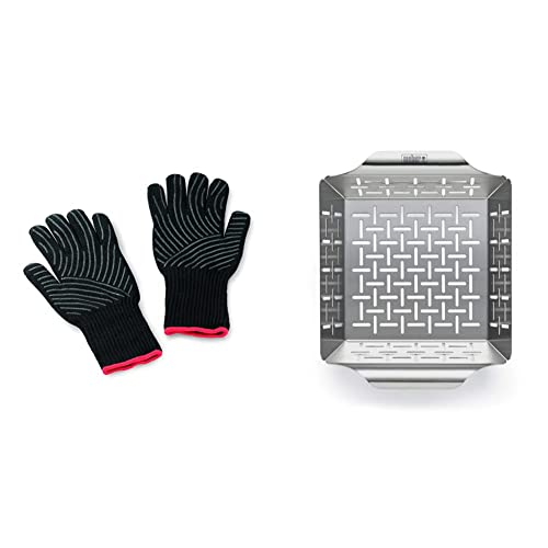 Weber 6670 Premium Handschuhe, Größe L/XL, Grillhandschuhe, bis 260°C & 6481 Deluxe Gemüsekorb 19x24 cm, Grillkorb, für Fisch, Fleisch und Gemüse, aus Edelstahl von Weber