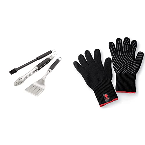 Weber 6764 Premium Grillbesteck 3-teilig, bestehend aus Grillzange & 6670 Premium Handschuhe, Größe L/XL, Grillhandschuhe, bis 260°C von Weber