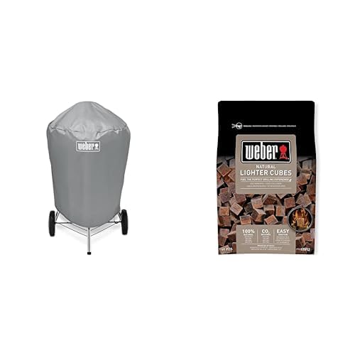 Weber 7176 Grill-Abdeckhaube für Holzkohlegrills mit einem Durchmesser von 57 cm, Grau, 15.9 x 22.7 x 3.8 cm & 17612 Anzündwürfel braun, ohne Zusatzstoffe, 48 Stück (1er Pack), 38x17x5 cm von Weber