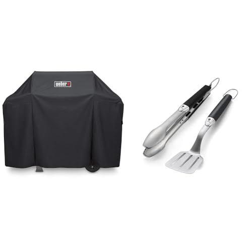 Weber 7183 Premium Hülle für Spirit/Spirit II 300 Serie und Spirit 200 Serie, schwarz & 6645 Grillbesteck Kompakt 2-teilig, Zange und Wender, Edelstahl, schwarz von Weber