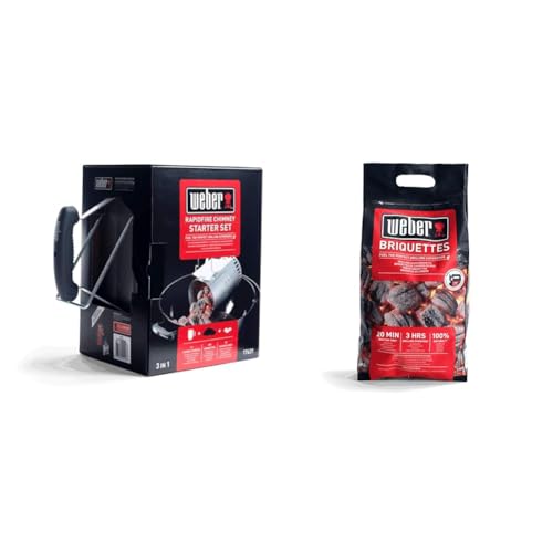 Weber Anzündset -Rapidfire Starter Set, besteht aus Amzündkamin & Grill-Briketts (4kg Sack), für Lange und konstante Glut von Weber