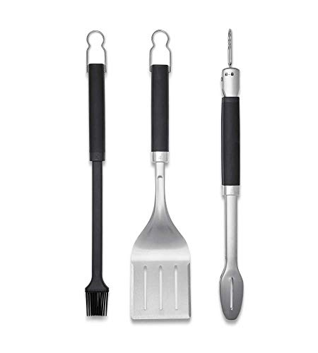 Weber Premium Grillbesteck, 3-teilig, aus Edelstahl, bestehend aus Grillzange, Wender und Pinsel, mit praktischen Henkeln, spülmaschinenfest - Silber (6764) von Weber