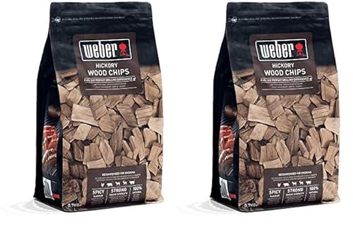 Weber Räucherchips (700g Packung) - Hickory Holz, für Rind-, Schweine-, Wild- & Geflügelfleisch, kräftiges/intensives, leicht süßes Aroma, aus 100% natürlichen Holz (17624) (Packung mit 2) von Weber