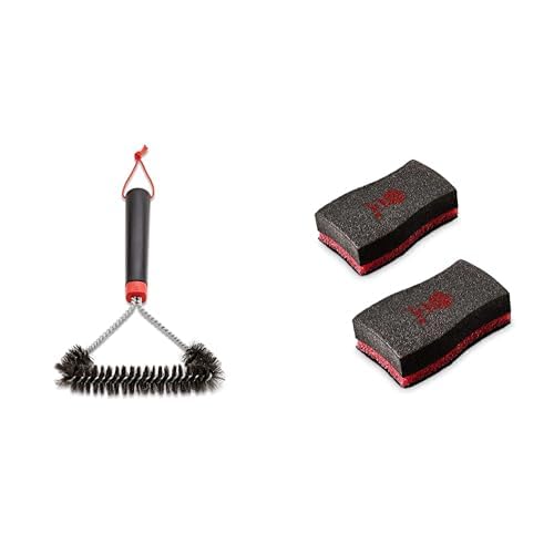 Weber Three-Sided Grill Brush Dreiseitige Grillbürste, 30 cm, Schwarz/Silber, 6277 & 17688 Reinigungsschwamm, 2 Stück, 25.0 x 6.0 x 9.0 cm von Weber