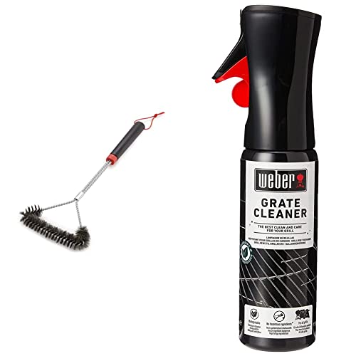 Weber Three-Sided Grill Brush Dreiseitige Grillbürste, 46 cm, Schwarz/Silber, 6278 & 17875 Grillrost-Reiniger, 300 ml, Nebelspray, löst Fett- und Speisereste, schwarz von Weber