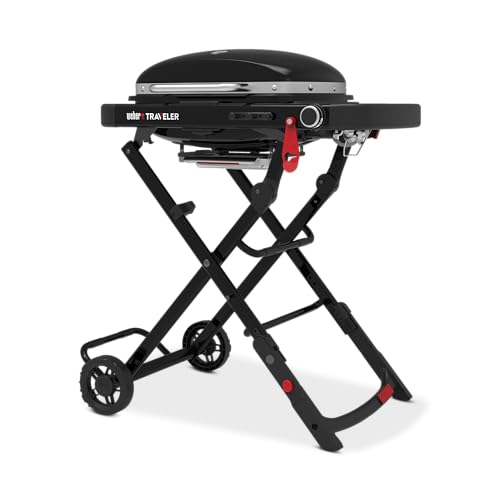 Weber Traveler Compact Gasgrill, 1 Brenner, 52 x 36cm Grillfläche, portabler Outdoor BBQ, mit Deckelthermometer, Stand mit Rädern einklappbar - Schwarz (1500526) von Weber