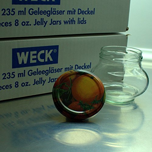 12 Geleegläser mit Twist Off 63 Deckel im Original Weck Karton (Deckel Obstdekor) von Weck