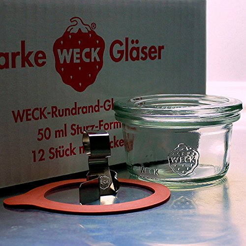 12 Weck Mini Sturzgläser 50ml mit mit Glasdeckel, Ringen und Klammern im Original Karton (Mit Glasdeckel, Ringen und Klammern) von Weck