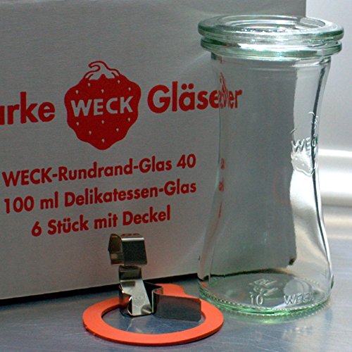 6 Stück Weck Delikatessen - Glas 100ml / RR40 mit Glasdeckel, Ringen und Klammern im Original Karton (Mit Glasdeckel, Ringen und Klammern) von Weck