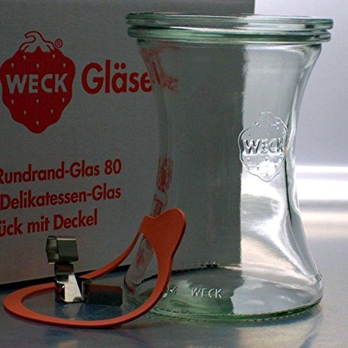 6 WECK ® 370ml Delikatessen RR80 Einkochgläser mit Glasdeckel, Ringen und Klammern im Original Karton (Mit Glasdeckel, Ringen und Klammern) von Weck