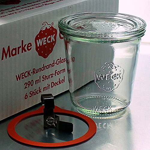 6 Weck Einkochgläser 290ml Sturzform/Sturzglas RR80 mit Glasdeckel, Ringen und Klammern (Mit Glasdeckel, Ringen und Klammern) von Weck