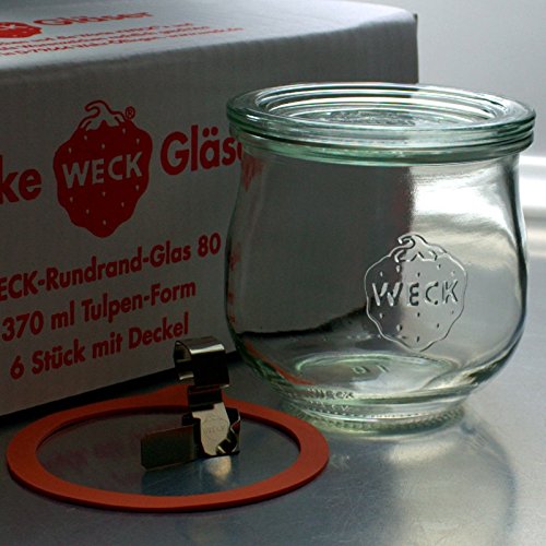 6 Weck Einkochgläser Tulpenform 370ml RR80 mit Glasdeckel, Ringen und Klammern im Original Weck Karton (Mit Glasdeckel, Ringen und Klammern) von Weck