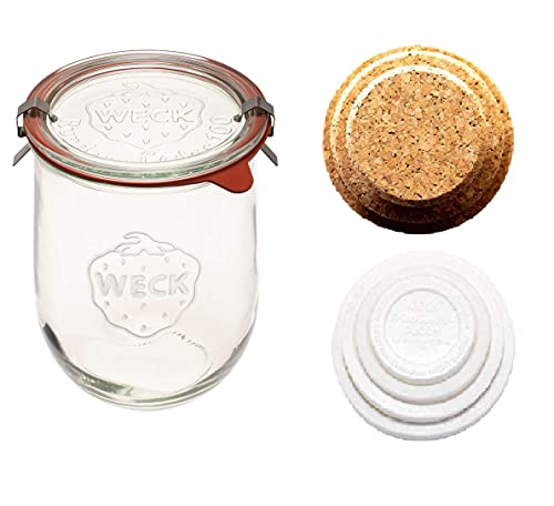 Große Einmachgläser für Sauerteig - Starterglas mit Glasdeckel - Tulpenglas mit breiter Öffnung - Weck Jars 1 Liter inkl. (Korkdeckel & Frischhaltedeckel) von Weck Jars