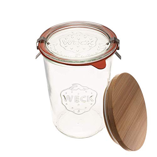 Weck Einmachgläser 743 – Weck Formglas aus transparentem Glas – umweltfreundliches Einmachglas – Frischhaltedose mit Deckel luftdicht – 3/4 Liter hohes Glas inklusive (1 Glas, Glasdeckel & Holzdeckel) von Weck Jars