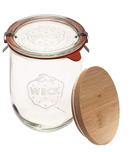 Weck Jars - Tulpengläser 1 Liter Sauerteig-Startergläser Große Gläser für Sauerteig Tulpenglas mit breiter Öffnung zum Einmachen und Aufbewahren geeignet (1 Glas, Glasdeckel & Holzdeckel) von Weck Jars