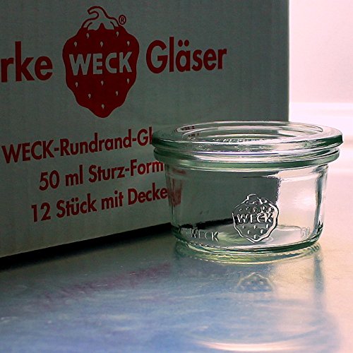 12 Weck Mini Sturzgläser 50ml mit Auswahl Zubehör im Original Karton (Mit Glasdeckel und Frischhaltedeckel) von Weck