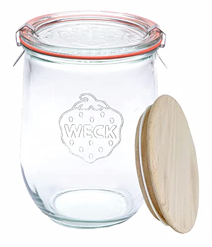 WECK - 745 Tulpenglas 1 Liter - Sauerteiggläser - Großes Glasglas für Sauerteig - Tulpenglas mit breiter Öffnung - zum Einmachen und Aufbewahren geeignet - (1 Glas, Glasdeckel & Buchenholzdeckel) von Weck