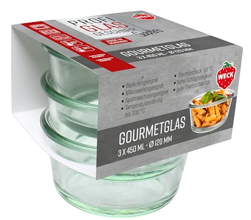 Weck 3er Set Gastropack 450 ml Gourmetgläser (perfekte Kreationen, Backofengeeignet, Spülmaschinengeeignet, Stabilität, Delikatessengläser, ohne Deckel) 7612 von Weck