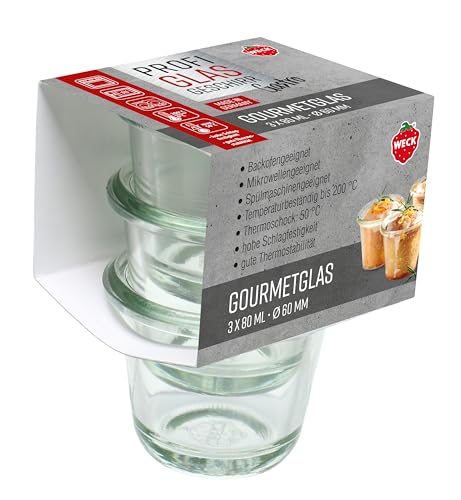 Weck 3er Set Gastropack 80 ml Gourmetgläser (perfekte Kreationen, Backofengeeignet, Spülmaschinengeeignet, Stabilität, Delikatessengläser, ohne Deckel) 76123 von Weck