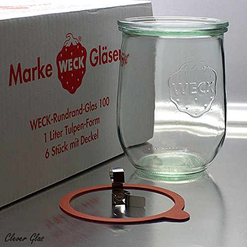 Weck 6 Einkochgläser/Einmachgläser, Tulpenform 1,0 Liter RR100 mit Auswahl Zubehör im Original Karton (Mit Glasdeckel, Ringen und Klammern) von Weck