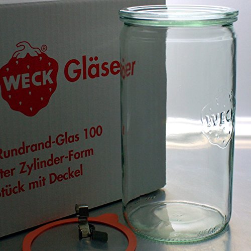 Weck 6 Einkochgläser 1,5 Liter Zylinderglas RR100 mit Glasdeckel, Ringe und Klammern im Original Karton (Mit Glasdeckel, Ringen und Klammern) von Weck