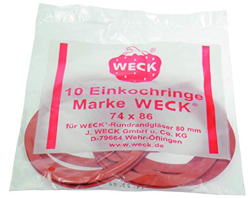 Weck 6446 Gummiringe 74 x 86; Hochwertige Dichtungsringe; geeignet für Weck Rundrandgläser 100; zum Verschließen während dem Einkochen / Einwecken; 10 Stück, passend für Deckel Durchmesser 80mm, Rot von Weck