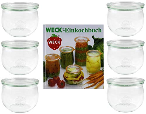 Weck Einmachgläser Set (6x Weckglas mit Einkochbuch, 144 Seiten; Tulpenglas 500 ml; Rundrand 100 mm, zum Aufbewahren von Vorräten) 42578 von Weck