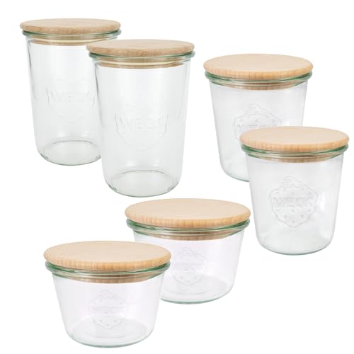 Weck Gläser Set (6 Einmachgläser, 2x 250 ml, 2x 500 ml, 2x 750 ml mit Holzdeckel, zum Einmachen/Aufbewahren von Lebensmitteln) 79213, Klar von Weck