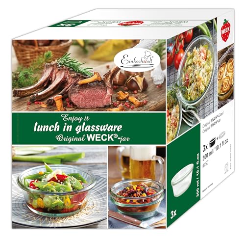 Weck Gourmetgläser 300 ml 3er Karton (Gourmetgläser für Salate oder kleine Mahlzeiten, mit 120 mm RR-Deckel) 19815, Durchsichtig von Weck