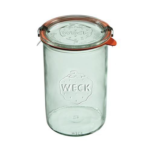 Weck Zylindrisches Glas 1000 ml 6 Stück | Glas mit Deckel, Dichtung und 2 Verschlüssen | Zum Konservieren von Konserven, Säften, luftdichtes Aufbewahren von trockenen Zutaten von Weck